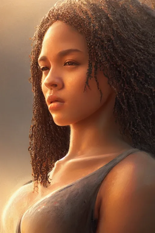 Image similar to full body beautiful mulatto girl, gorgeous, close-up portrait, intricate, elegant, volumetric lighting, scenery, digital painting, highly detailed, artstation, sharp focus, illustration, concept art, ruan jia, steve mccurry