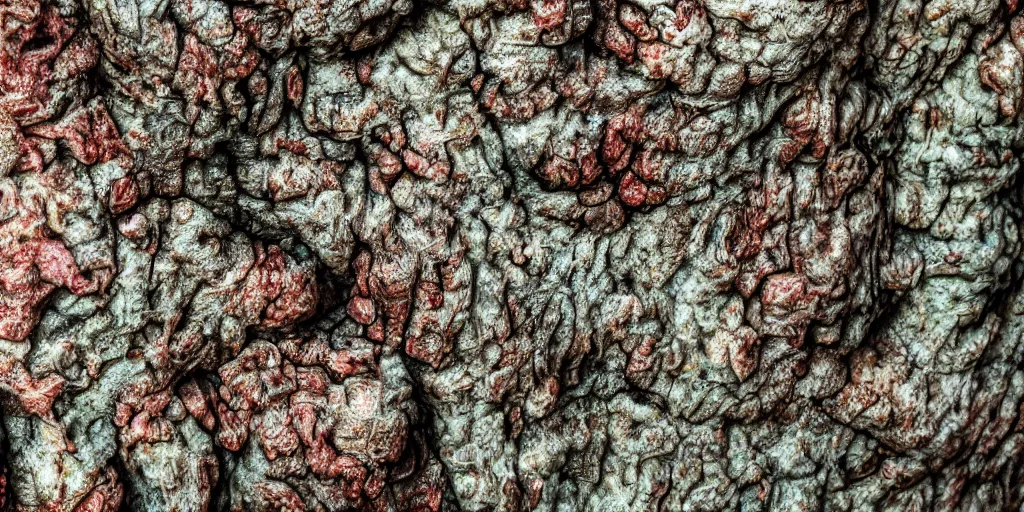Prompt: medical detail of skin and flesh, painitng, meat, pores and wrinkles and muscles, surrounded by crustose lichens, bark, 4k, 8K, oil on canvas, photorealistic, soft light, cinematic lighting, vibrant, glossy, macro details, sharp