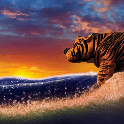 Image similar to a closeup photorealistic photograph of a cute smiling knitted tiger hippopotamus riding a wave at sunset. surf in background. professional capture. brightly lit scene. this 4 k hd image is trending on artstation, featured on behance, well - rendered, extra crisp, features intricate detail, epic composition and the style of unreal engine.