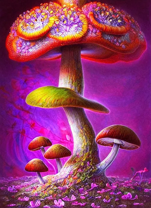 Image similar to extremely psychedelic organic shman made of orchid and cherry blossom tree and mushroom, diffuse lighting, fantasy, intricate, elegant, highly detailed, lifelike, photorealistic, digital painting, artstation, illustration, concept art, smooth, sharp focus, art by John Collier and Albert Aublet and Krenz Cushart and Artem Demura and Alphonse Mucha