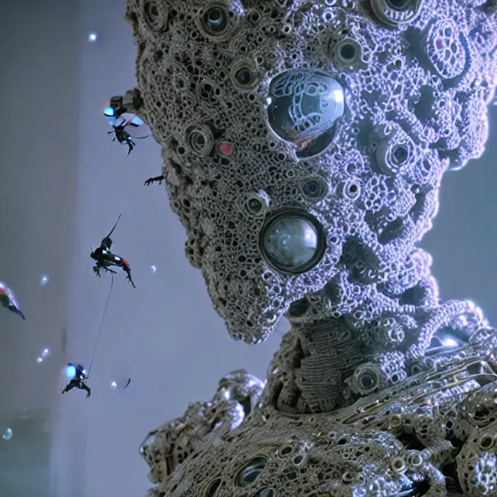 Image similar to a cybernetic symbiosis of a single astronaut mech-organic eva suit made of pearlescent wearing knitted shiny ceramic multi colored yarn thread infected with diamond 3d fractal lace iridescent bubble 3d skin dotted covered with orb stalks of insectoid compound eye camera lenses floats through the living room, film still from the movie directed by Denis Villeneuve with art direction by Salvador Dalí, wide lens,kevlar,carbon fiber,ceramics,gaseous materials,