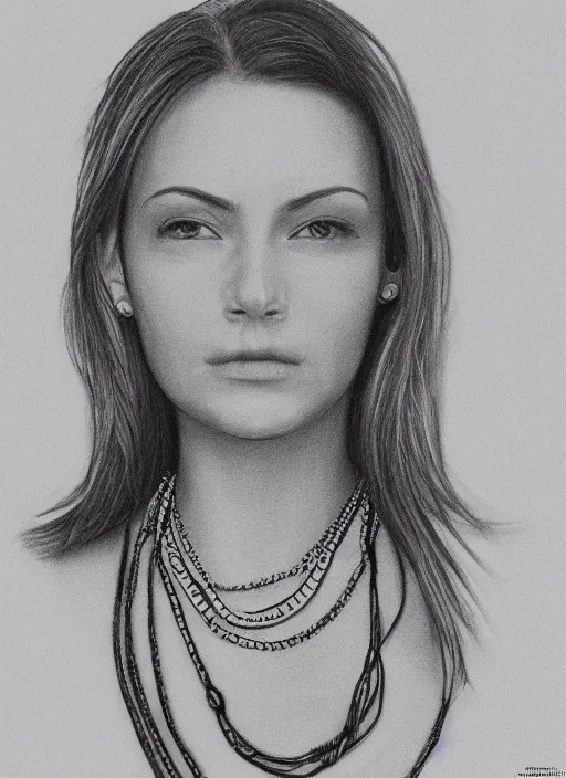 Image similar to one line art drawing of a woman's portrait, wearing a photo realistic necklace