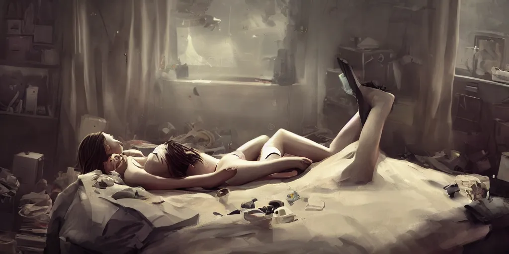 Image similar to an environmental concept art of an angsty female teen, laying on the bed in her cluttered bedroom, highly detailed, cinematic, dramatic lighting, close shot by francis tneh