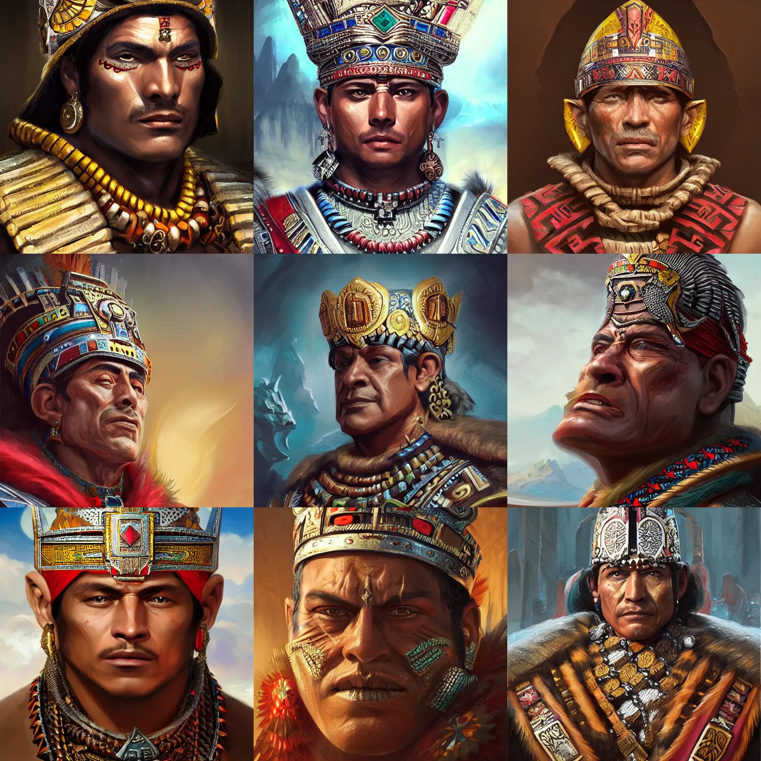 Image similar to aztec emperor, tenoch huerta, D&D, fantasy, portrait, highly detailed, digital painting, trending on artstation, concept art, sharp focus, illustration, art by artgerm and greg rutkowski and magali villeneuve