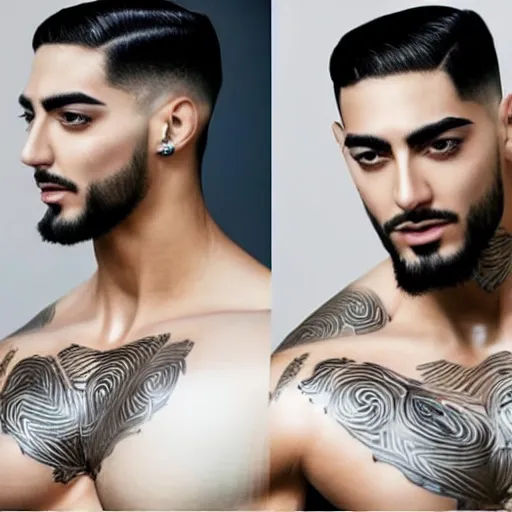 Image similar to a realistic detailed photo of a guy who is an attractive humanoid who is half robot and half humanoid, who is a male android, singer maluma, shiny skin, posing like a statue, blank stare, in a living room, on display, showing off his muscles, with a twin