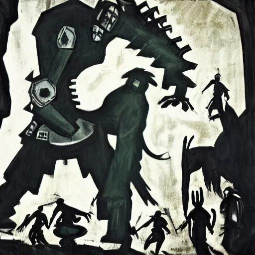 Image similar to shadow of the colossus secene, el guernica painting style,