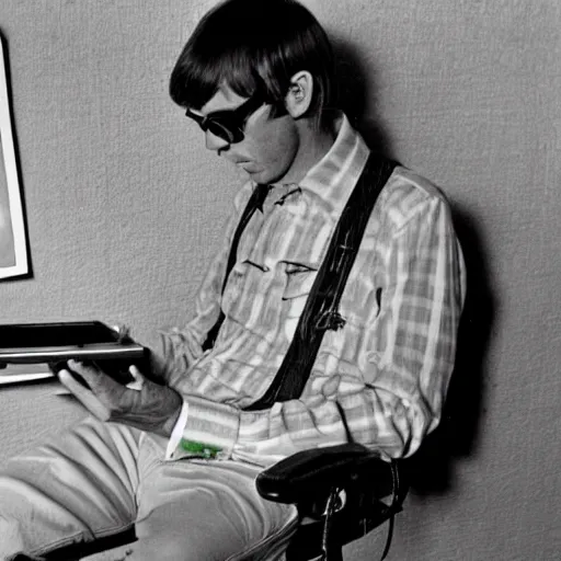 Prompt: 1 9 7 0 s vintage photograph of hunter s. thompson using an ipad, very detailed, very intricate,