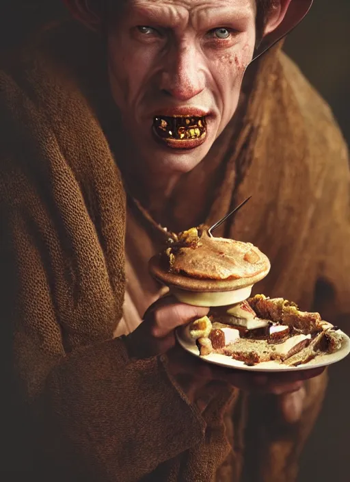 Image similar to closeup portrait of a medieval goblin eating cakes, depth of field, zeiss lens, detailed, symmetrical, centered, fashion photoshoot, by Annie Leibovitz and Steve McCurry, David Lazar, Jimmy Nelsson, Breathtaking, 8k resolution, extremely detailed, beautiful, establishing shot, artistic, hyperrealistic, beautiful face, octane render