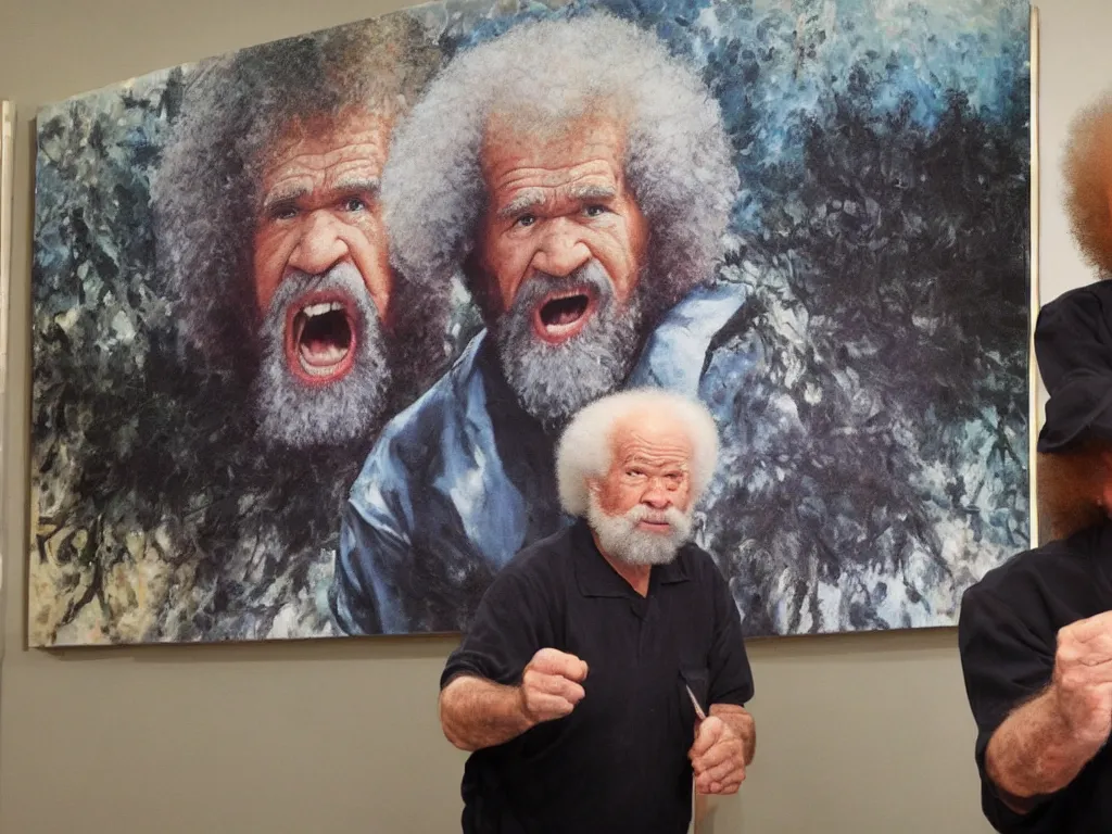 Image similar to old bob ross is sad and angry and yelling at a huge painting by bob ross