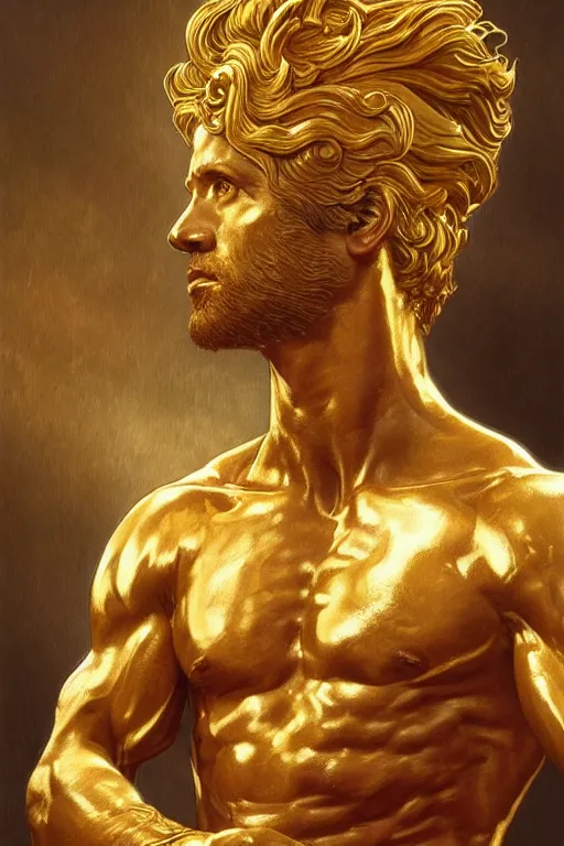 Image similar to ultra realistic illustration, a golden statue of a herculean glenn howerton as the god apollo, intricate, elegant, highly detailed, digital painting, artstation, concept art, smooth, sharp focus, illustration, art by artgerm and greg rutkowski and alphonse mucha