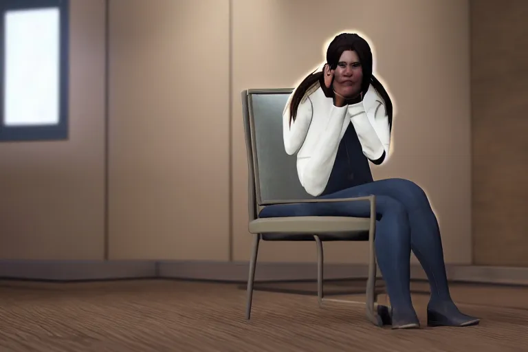 Image similar to a photo of a sim character annoyed at a chair, photorealistic, dramatic, game footage, 8 k