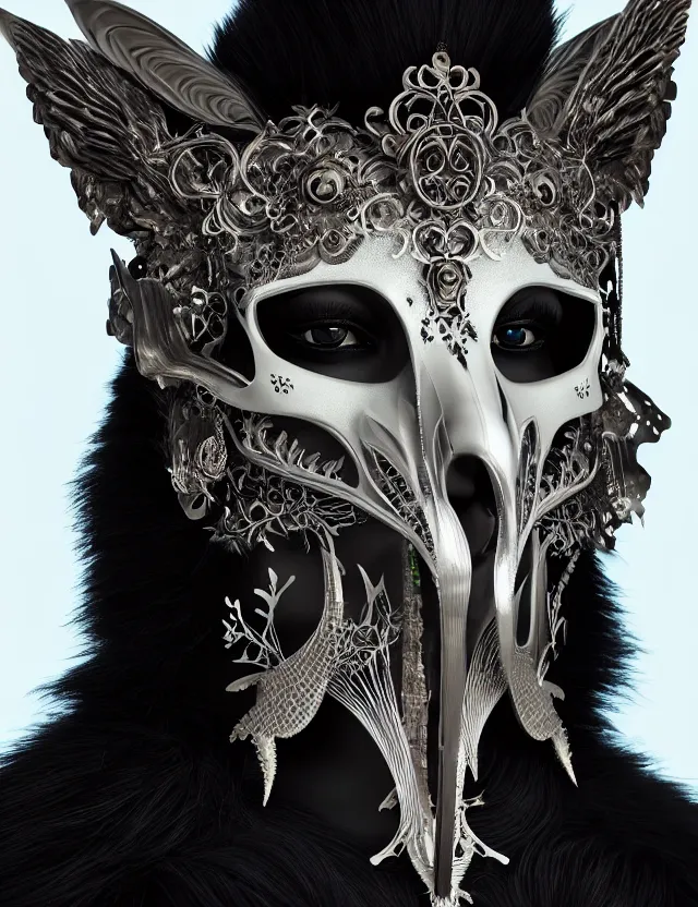 Image similar to 3 d goddess close - up profile portrait with raven skull. beautiful intricately detailed avante garde wolf mask and futurepunk outfit. neon moths, bio luminescent, frost, splash,, creature, artwork by tooth wu and wlop and beeple and greg rutkowski