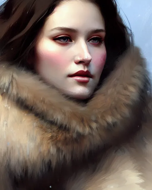 Prompt: a beautiful siberian girl with bear fur coat with beautiful decollete | | winter, realistic shaded, unpleasant face, bad looking, fine details, realistic shaded lighting poster by greg rutkowski, magali villeneuve, artgerm, jeremy lipkin and michael garmash and rob rey