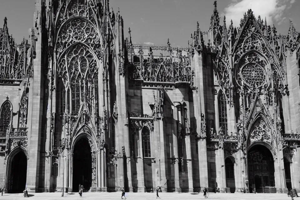 Prompt: a black and white photograph of an enormous building, official courthouse, statues looking down on the gigantic door, gothic architecture, long shot,