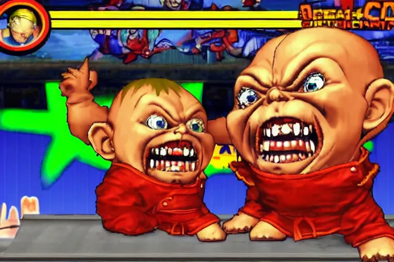 Prompt: screaming chucky doll as a character in street fighter arcade game