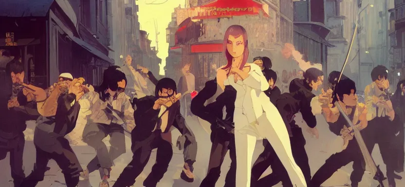 Prompt: riots in the streets of paris, digital painting masterpiece, by ilya kuvshinov, by frank frazetta, by mœbius, by reiq, by hayao miyazaki, intricate detail, beautiful brush strokes, advanced lighting technology, 4 k wallpaper, interesting character design, stylized yet realistic anatomy and faces, inspired by kill bill animated scene