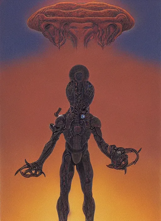 Image similar to dark samus in the style of zdzisław beksinski, full body portrait