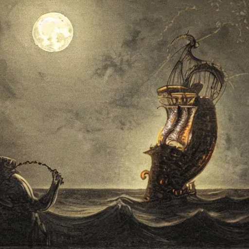 Image similar to a giant anglerfish luring a pirate standing on a ship in the night with a full moon