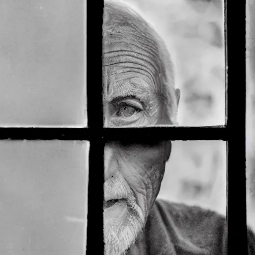 Image similar to a faceless old man seen through a window