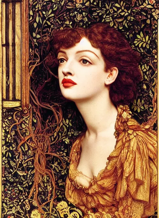 Prompt: masterpiece of intricately detailed preraphaelite photography portrait hybrid of judy garland aged 3 0 and a hybrid of rhianna and anne hathaway, sat down in train aile, inside a beautiful underwater train to atlantis, betty page fringe, medieval dress yellow ochre, by william morris ford madox brown william powell frith frederic leighton john william waterhouse hildebrandt