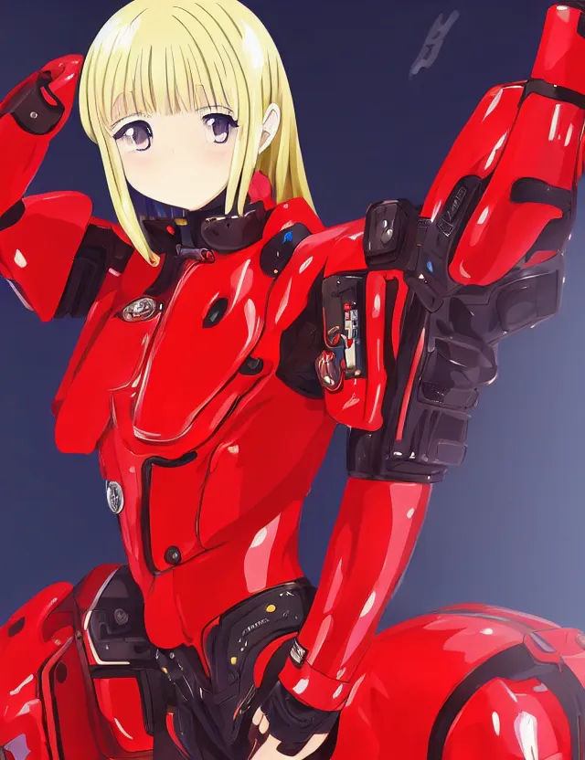 Prompt: an anime portrait of a blonde girl in a red mech suit, trending on artstation, digital art, 4 k resolution, detailed, high quality, sharp focus, hq artwork, coherent, insane detail