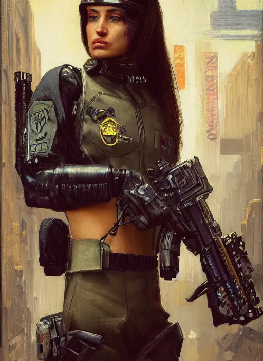 Image similar to Sgt. Maria Hernandez. cyberpunk female USN marine wearing a military vest and powerful military cyberpunk exo-suit (cyberpunk 2077, bladerunner 2049). gorgeous face. Iranian orientalist portrait by john william waterhouse and Edwin Longsden Long and Theodore Ralli and Nasreddine Dinet, oil on canvas. Cinematic, hyper realism, realistic proportions, dramatic lighting, high detail 4k