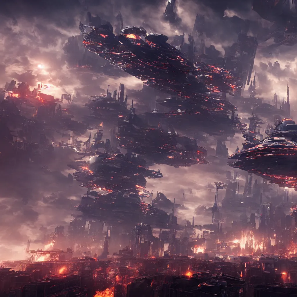 Prompt: giant futuristic sci-fi warships scorch the skies, [a baroque cyberpunk city skyline with black domes and radio spires in the background], [explosions and fire], hypermaximalistic, high details, cinematic, 8k resolution, beautiful detailed, insanely intricate details, artstation trending, octane render, unreal engine