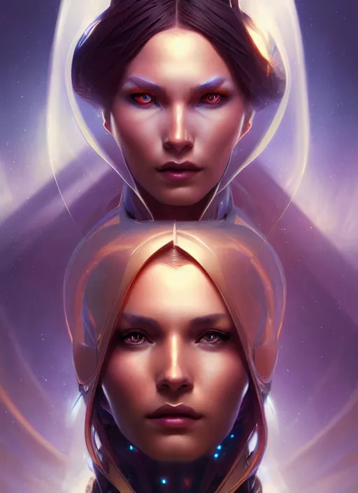 Image similar to futuristic woman portrait, sci-fi, amber eyes, face, long hair, fantasy, intricate, elegant, highly detailed, digital painting, artstation, concept art, smooth, sharp focus, illustration, art by artgerm and greg rutkowski and alphonse mucha