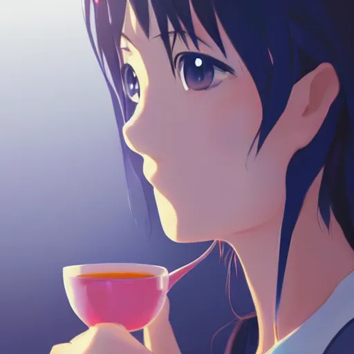 Prompt: beautiful closeup anime painting of a young woman with dark blue hair drinking tea, by makoto shinkai, kimi no na wa, artstation, atmospheric, high detail
