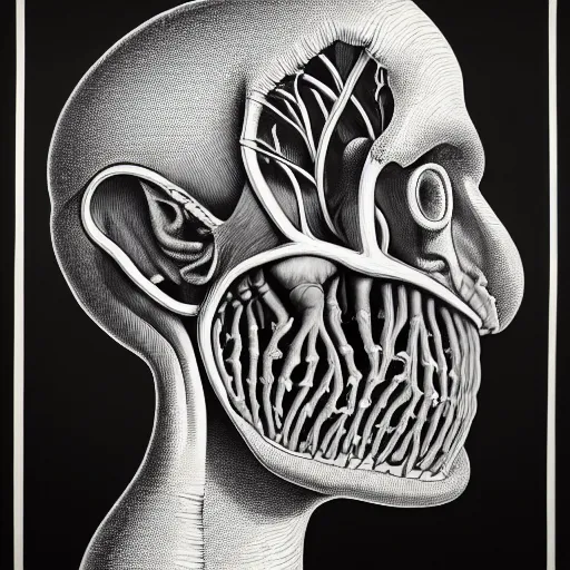 Prompt: surreal heart head anatomical atlas dissection center cut, lithography on paper conceptual figurative ( post - morden ) monumental dynamic soft shadow portrait drawn by hogarth and escher, inspired by goya, illusion surreal art, highly conceptual figurative art, intricate detailed illustration, controversial poster art, polish poster art, geometrical drawings, no blur