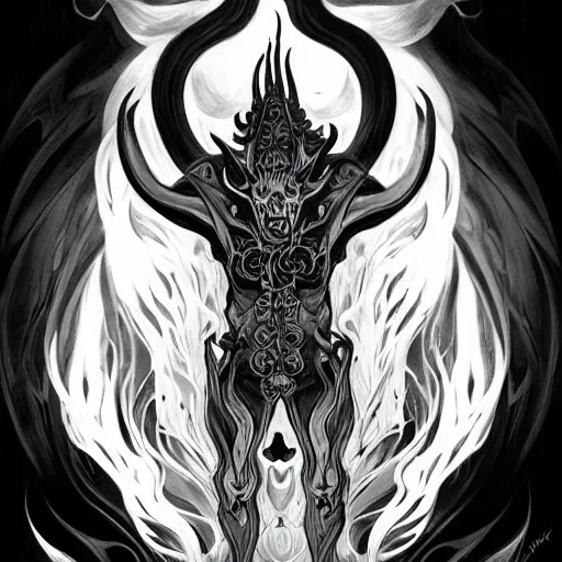 Image similar to full body grayscale drawing by Anato Finnstark of horned demon in heroic pose, swirling flames, brutal, alphonse mucha,