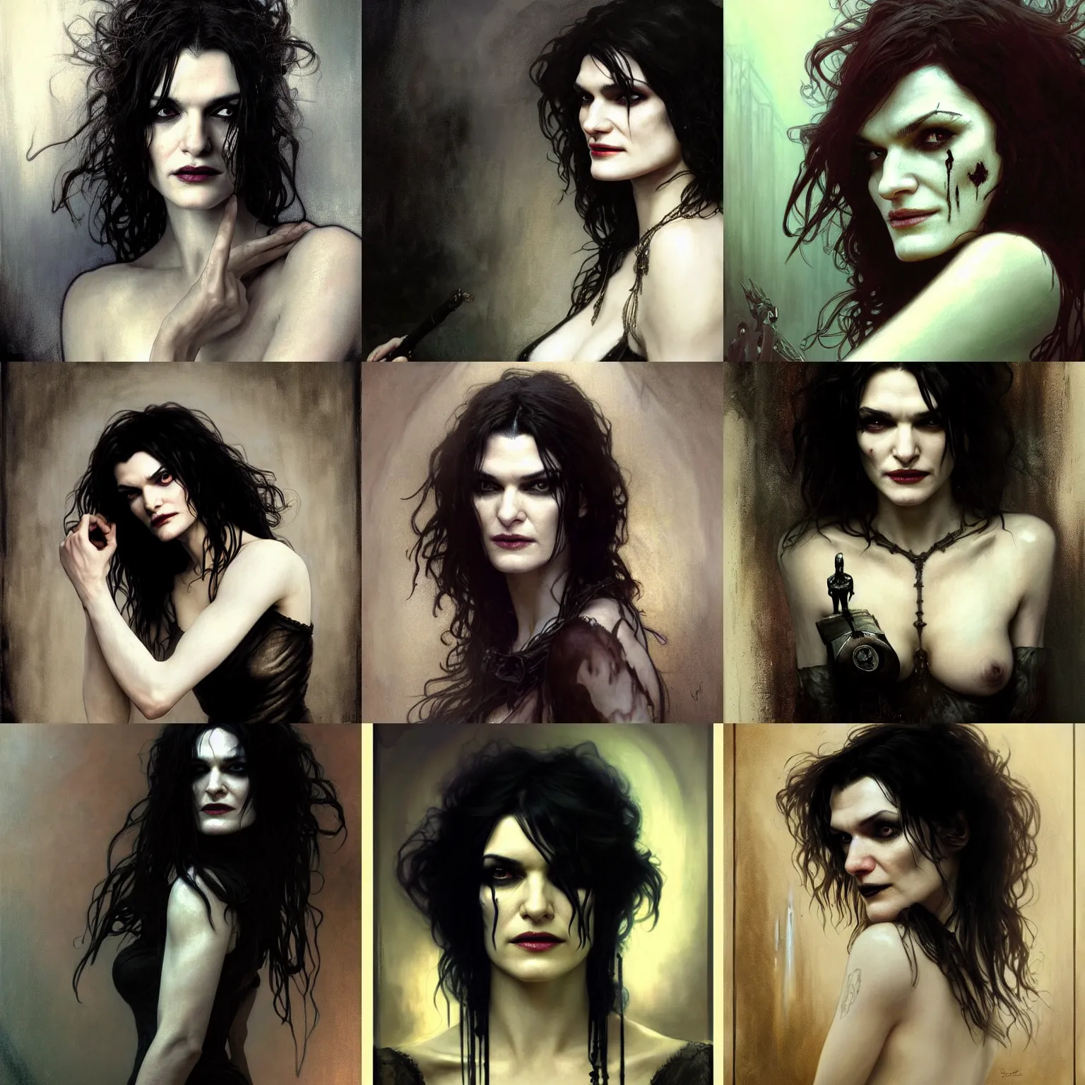 Prompt: beautiful portrait of rachel weisz as death from sandman, gentle smile, by cedric peyravernay, alphonse mucha, by jeremy mann, by lecouffe deharme, goth chic, soft lightning, eyeliner, punk rock, high detailed, 8 k