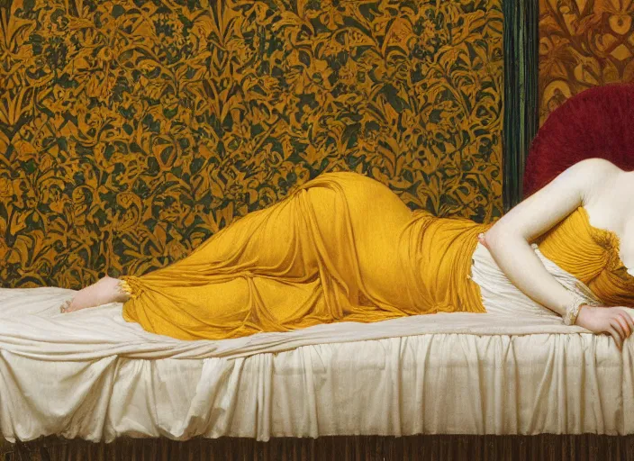 Prompt: portrait of lady reclining on bed wearing yellow ochre ornate medieval dress, framed, preraphaelite colour photography by frederic leighton, william morris, 8 k