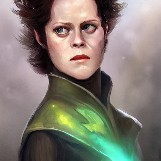 Prompt: young sigourney weaver as a d & d ranger, character portrait by wlop