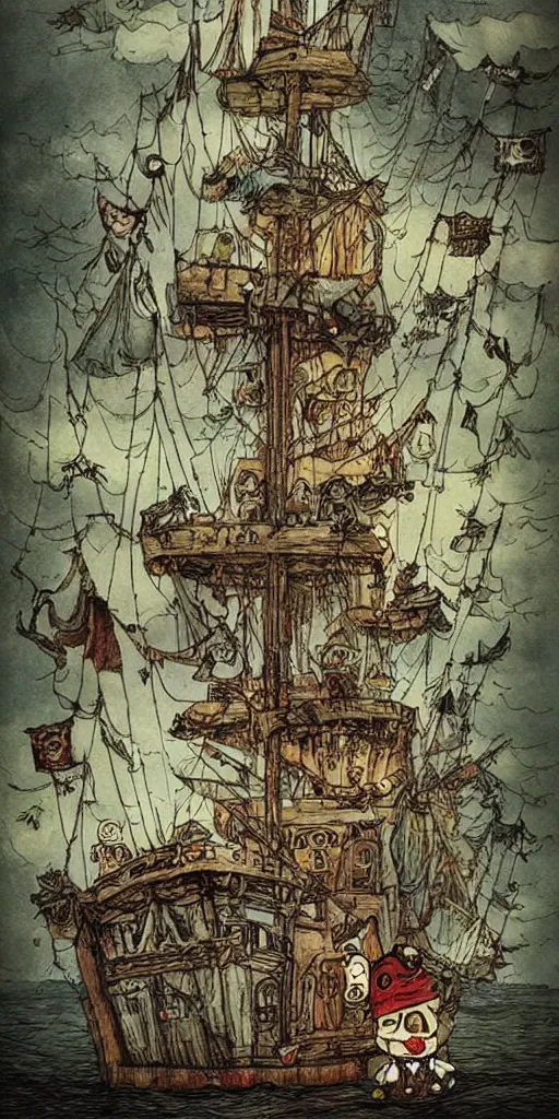 Prompt: a pirate ship scene by alexander jansson and where's waldo