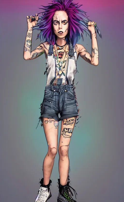 Prompt: a punk rock woman with rainbow hair, drunk, angry, soft eyes and narrow chin, dainty figure, long hair straight down, torn overalls, short shorts, combat boots, basic white background, side boob, symmetrical, single person, style of by Jordan Grimmer and greg rutkowski, crisp lines and color,