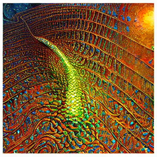 Prompt: cgsociety, hyperdetailed tapestry, rendering of shiny reflective specular dew drops forming in a colony of mycelium microplastics fused into rare lattice serpent sunstones, airbrush painting by Alfred Kelsner, glowing, trending on artstation, reflective movie still, imax 70 mm footage