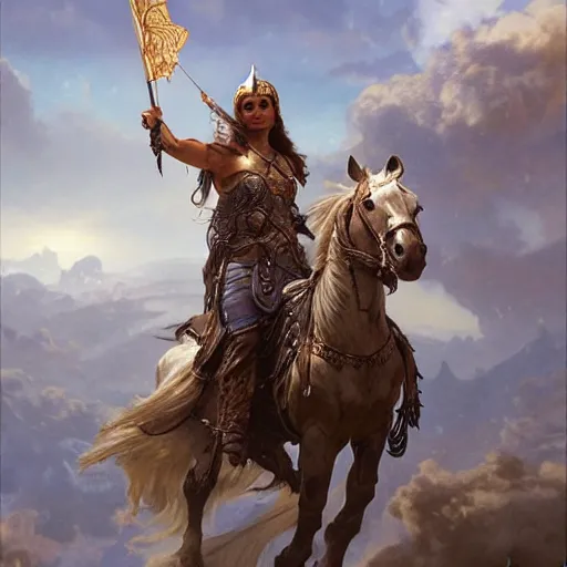 Image similar to an extremely detailed matte painting leroy jenkins as a terrifying valkyrie descending from valhalla on a pegasus, 8 k, sharp focus, detailed face, art by greg rutkowski and alphonse mucha