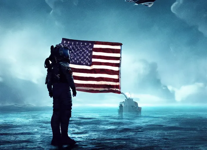 Image similar to astronaut holding a flag in an underwater desert. a submarine is visible in the distance. dark, concept art, cinematic, dramatic, atmospheric, 8 k, trending on artstation, blue, fish, low visibility, fog, ocean floor, christopher nolan, interstellar