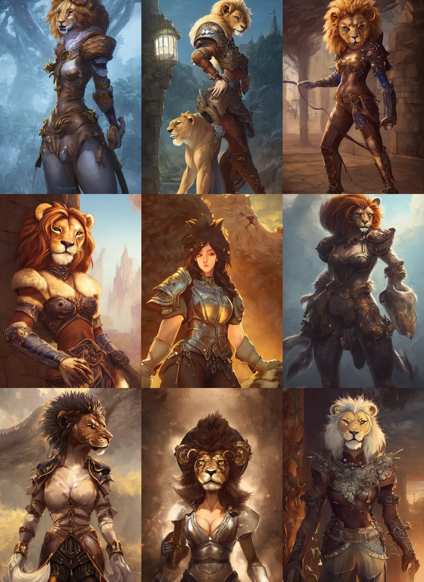 Prompt: beautiful portrait of a female anthropomorphic lion fursona wearing leather fantasy armor outside a fantasy tavern. character design by charlie bowater, ross tran, artgerm, and makoto shinkai, detailed, soft lighting, rendered in octane