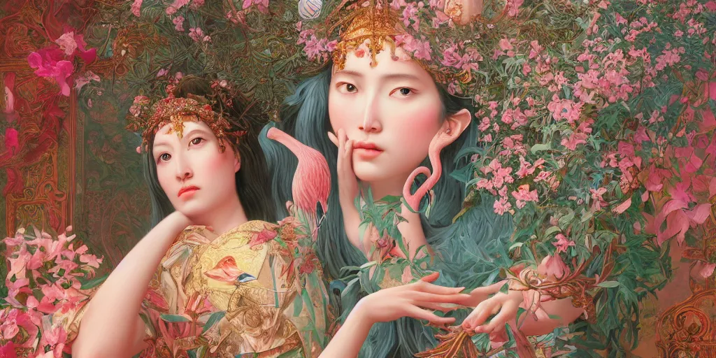 Image similar to breathtaking detailed concept art painting of the goddess of flamingo, orthodox saint, with anxious, piercing eyes, ornate background, amalgamation of leaves and flowers, by Hsiao-Ron Cheng and John James Audubon, extremely moody lighting, 8K