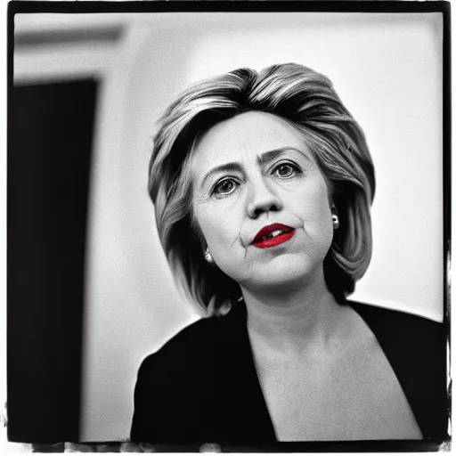 Prompt: photo of Hilary Clinton by Diane Arbus, black and white, high contrast, Rolleiflex, 55mm f/4 lens