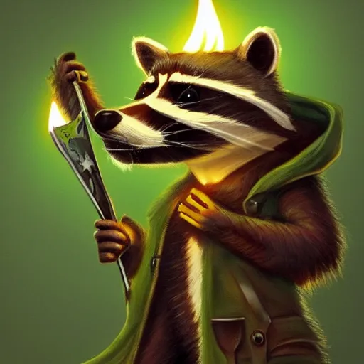 Image similar to a raccoon in a green, hooded rouge outfit with gold accents holding dagger made of fire, trending on art station