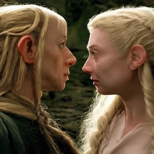 Prompt: galadriel kissing a hobbit