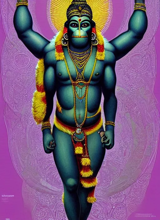 Image similar to a full body portrait of beautiful ornated hanuman!!!! god with flowing medium hair, soft facial features, kind appearence, digital art by krishen khanna and madhvi parekh, symmetrical body, artgerm, portrait, muted color scheme, highly detailed, outrun art style