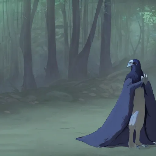 Image similar to concept art painting of an anthropomorphic albino raven wearing dark blue robes, in the deep forest, realistic, detailed, cel shaded, in the style of makoto shinkai and greg rutkowski and james gurney