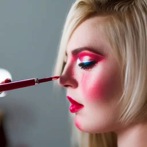 Prompt: close up of Ann Taylor Joy putting on red makeup in mirror, blonde, thin dof, film photo, anamorphic, dramatic lighting