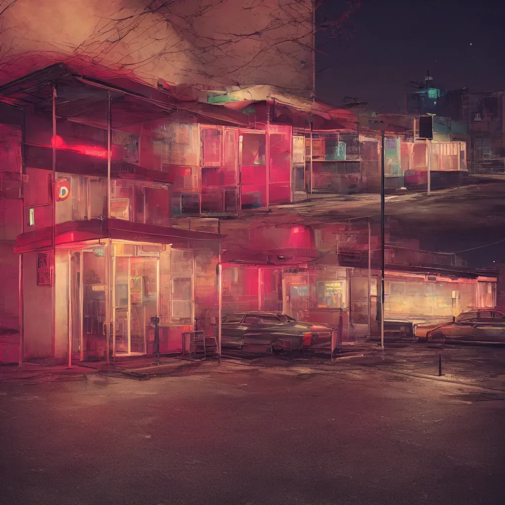 Image similar to an empty parking lout outside an abandoned retro diner at night, by lee madgwick, pink and orange neon lights, highly detailed, photorealistic, artstation trending, cryengine 8 k uhd