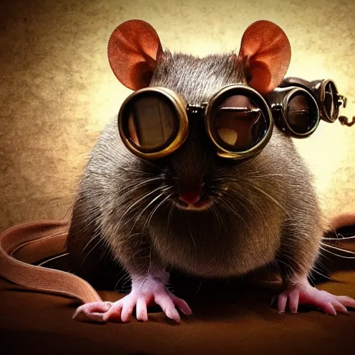 Image similar to a rat with steampunk googles, by Zack Snyder