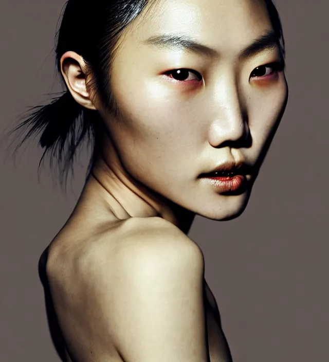 Image similar to photography facial portrait of liu wen, natural background, sensual lighting, natural fragile pose, wearing stunning cape by iris van herpen, with a colorfull makeup. highly detailed, skin grain detail, photography by paolo roversi, nick knight, helmut newton, avedon, araki